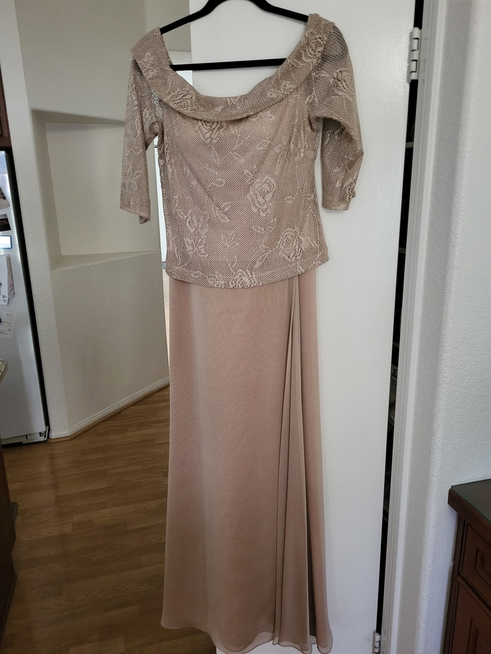 David's Bridal Two-Piece Lace & Chiffon Maxi Dress in Blush